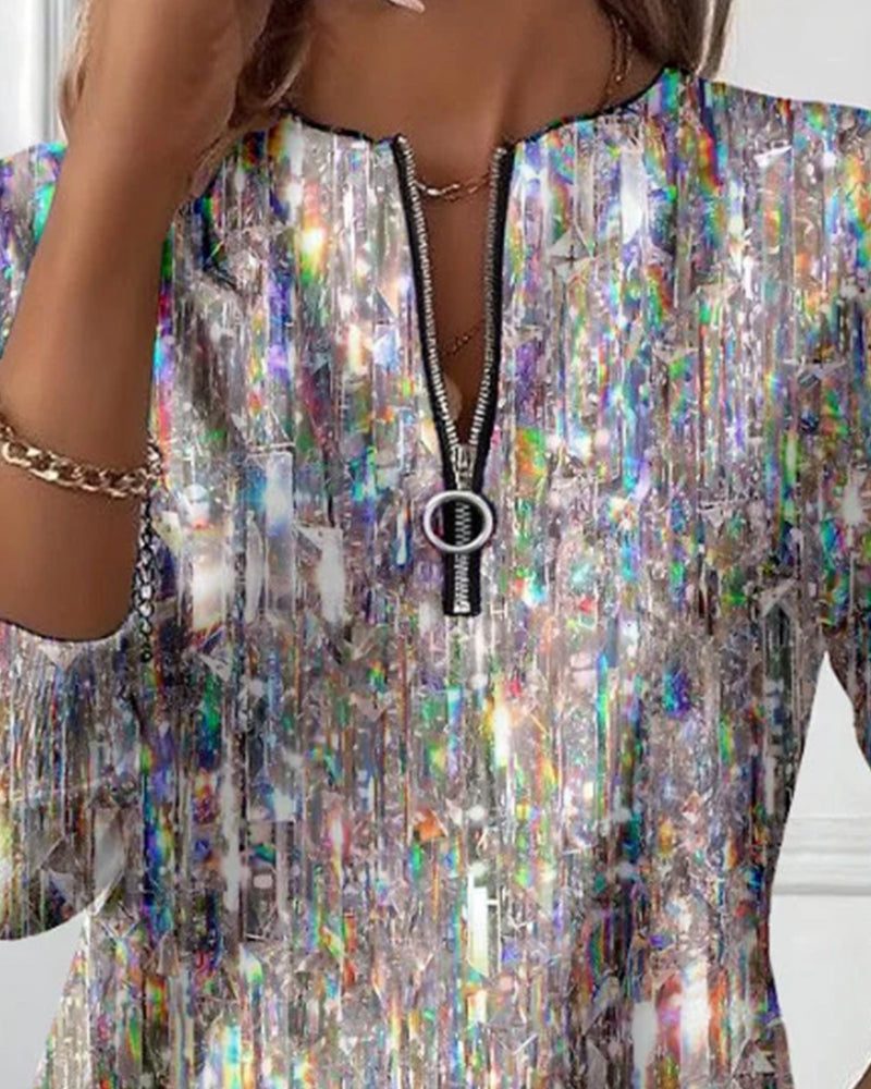 Printed Sweatshirt with Long Sleeves and Half-Zip